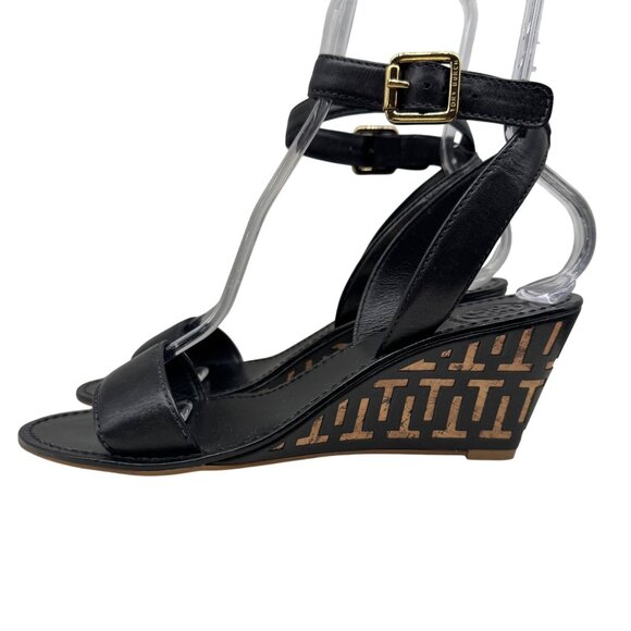Tory Burch Marion Black Leather/Cork Wedge ankle Strap heels women’s sz 9.5 - Picture 2 of 11